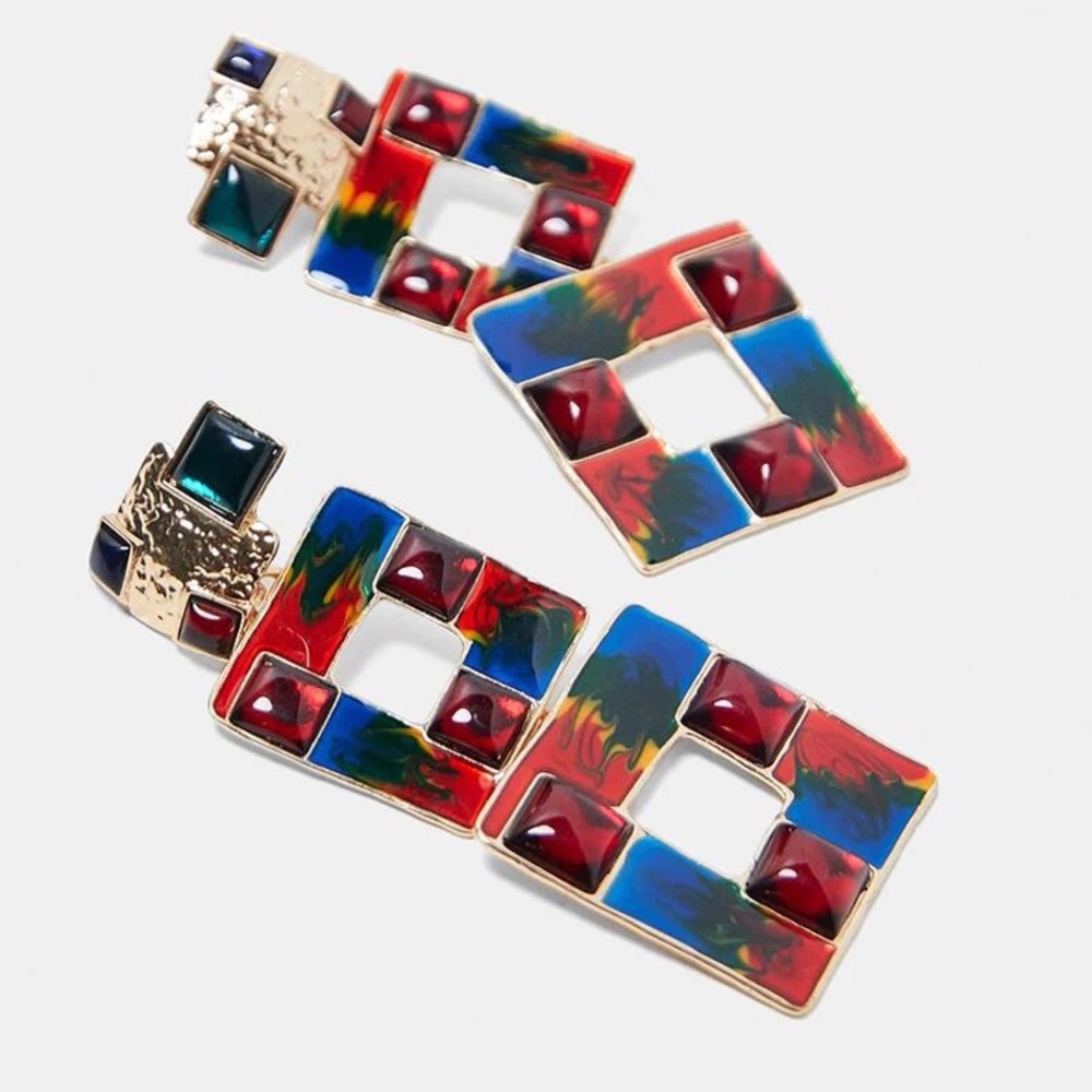 Red long dangle square earrings for women